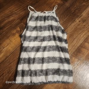 EXPRESS HALTER TOP HIGH NECK WHITE BLACK LACE PRINT CHIFFON LINED XS